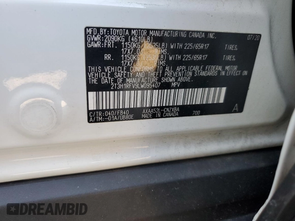 2020 Toyota RAV4 LE with VIN 2T3H1RFV9LW095407, listed as a Copart auction lot 46847145 with 57,421 mi miles and Salvage Title. Bid and sale history available at DreamBid. Image 12.