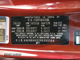 2024 Kia Carnival LX with VIN KNDNB4H32R6393564, listed as a Copart auction lot 39390054 with 3,875 mi miles and Salvage Title. Bid and sale history available at carsss.com. Image 14.