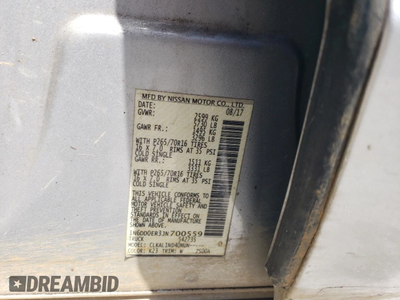 2018 Nissan Frontier Desert Runner with VIN 1N6DD0ER3JN700559, listed as a Copart auction lot 62158255 with 118,758 mi miles and Salvage title. Bid and sale history available at DreamBid. Image 12.