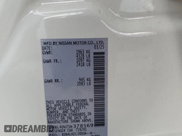 2025 Nissan Altima SV with VIN 1N4BL4DV2SN378569, listed as a Copart auction lot 54456175 with Not Provided miles and Clean Title. Bid and sale history available at DreamBid. Image 13.