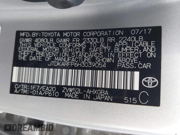 2017 Toyota Prius Plus with VIN JTDKARFP6H3039054, listed as a IAAI auction lot 41665195 with 233,161 mi miles and . Bid and sale history available at DreamBid. Image 9.