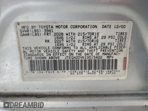 2001 Toyota RAV4 z VIN JTEGH20V610015422, wystawiony jako Copart lot #57053185 z przebiegiem 197 829 mil mil oraz Szkoda całkowita • Salvage title. Historia ofert i sprzedaży dostępna na DreamBid. Obrazek 13.