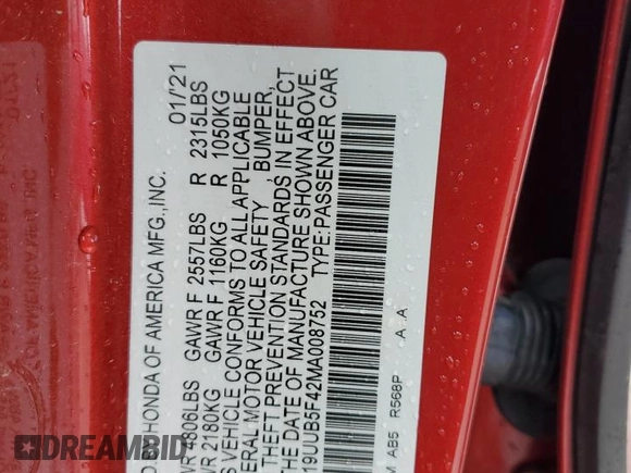 2021 Acura TLX Technology with VIN 19UUB5F42MA008752, listed as a Copart auction lot 51679665 with Not provided miles and Salvage title. Bid and sale history available at DreamBid. Image 14.