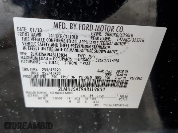 2010 Lincoln MKT EcoBoost with VIN 2LMHJ5AT9ABJ19834, listed as a Copart auction lot 89261885 with 145,932 mi miles and Salvage Title. Bid and sale history available at DreamBid. Image 15.