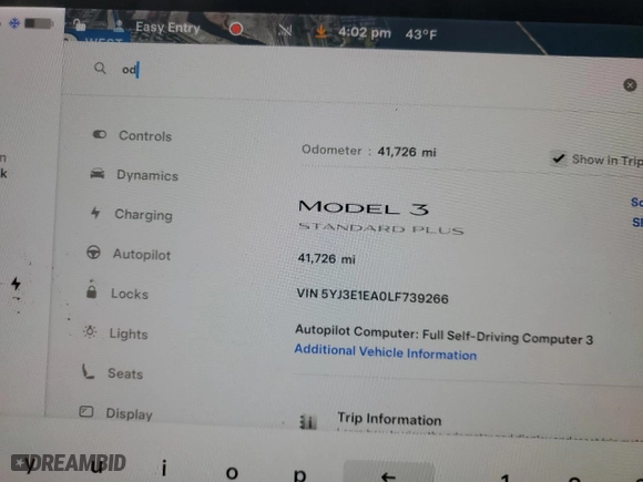 2020 Tesla Model 3 Standard Range Plus with VIN 5YJ3E1EA0LF739266, listed as a Copart auction lot 46327055 with 41,726 mi miles and Salvage Title. Bid and sale history available at carsss.com. Image 9.