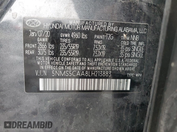 2020 Hyundai Santa Fe Limited with VIN 5NMS5CAA8LH213883, listed as a Copart auction lot 88423355 with 55,410 mi miles and Salvage Title. Bid and sale history available at carsss.com. Image 15.
