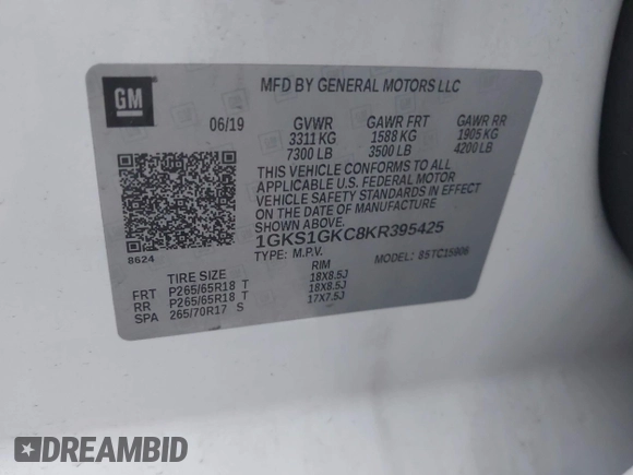 2019 GMC Yukon XL SLT z VIN 1GKS1GKC8KR395425, wystawiony jako IAAI lot #41910104 z przebiegiem 105 760 mil mil oraz . Historia ofert i sprzedaży dostępna na DreamBid. Obrazek 9.