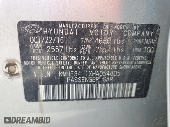 2017 Hyundai Sonata Hybrid Limited with VIN KMHE34L1XHA054805, listed as a Copart auction lot 63277533 with 117,229 mi miles. Bid and sale history available at carsss.com. Image 12.