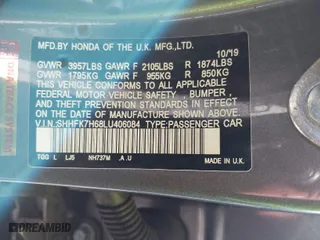 2020 Honda Civic Hatchback EX with VIN SHHFK7H68LU406084, listed as a IAAI auction lot 41637572 with 1 mi miles. Bid and sale history available at carsss.com. Image 9.