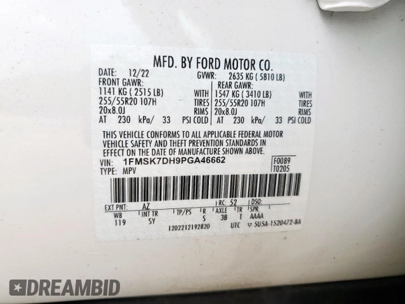 2023 Ford Explorer XLT with VIN 1FMSK7DH9PGA46662, listed as a Copart auction lot 59389215 with 27,382 mi miles and Salvage title. Bid and sale history available at DreamBid. Image 13.
