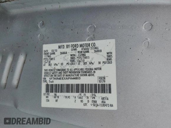 2010 Ford Ranger XLT with VIN 1FTKR4EEXAPA44803, listed as a Copart auction lot 55351865 with 98,774 mi miles and Salvage title. Bid and sale history available at DreamBid. Image 12.