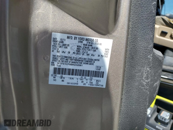 2011 Ford F-150 XL with VIN 1FTFX1CF8BKD32061, listed as a Copart auction lot 63427195 with 274,548 mi miles and Clean title. Bid and sale history available at DreamBid. Image 12.