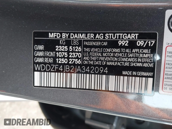 2018 Mercedes-Benz E 300 with VIN WDDZF4JB2JA342094, listed as a IAAI auction lot 41556822 with 71,630 mi miles and . Bid and sale history available at DreamBid. Image 9.