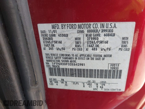 2002 Ford F-250 XL with VIN 1FTNX20F32EB42981, listed as a IAAI auction lot 42585853 with 244,297 mi miles and . Bid and sale history available at DreamBid. Image 9.