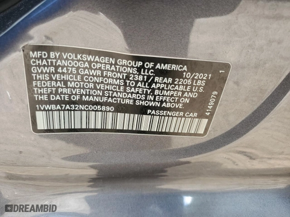 2022 Volkswagen Passat 2.0T Limited Edition with VIN 1VWBA7A32NC005890, listed as a Copart auction lot 62408474 with 51,198 mi miles and Salvage Title. Bid and sale history available at carsss.com. Image 12.