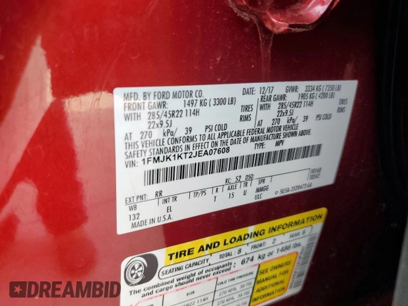 2018 Ford Expedition Max Limited with VIN 1FMJK1KT2JEA07608, listed as a Copart auction lot 55061235 with 93,230 mi miles and Salvage title. Bid and sale history available at DreamBid. Image 14.