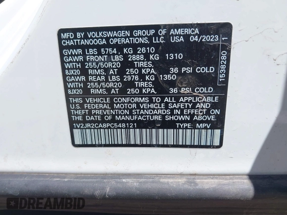 2023 Volkswagen Atlas SE с VIN 1V2JR2CA8PC548121, выставлен на аукционе IAAI как лот 42129010 с пробегом 42 621 миль миль и . История ставок и продаж доступна на DreamBid. Изображение 9.