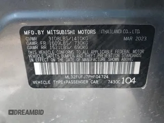 2023 Mitsubishi Mirage ES с VIN ML32FUFJ7PHF04724, выставлен на аукционе IAAI как лот 41653973 с пробегом 18 417 миль миль и . История ставок и продаж доступна на DreamBid. Изображение 9.