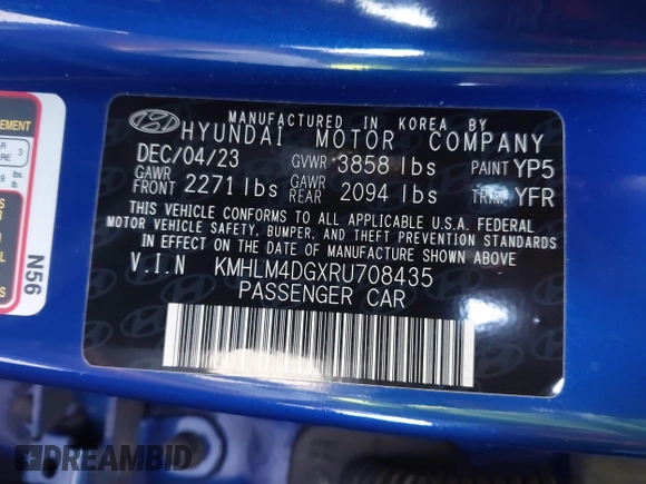 2024 Hyundai Elantra SEL with VIN KMHLM4DGXRU708435, listed as a IAAI auction lot 41966818 with 10,246 mi miles and . Bid and sale history available at DreamBid. Image 9.
