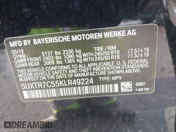 2019 BMW X3 sDrive30i z VIN 5UXTR7C55KLR49224, wystawiony jako IAAI lot #41570006 z przebiegiem 41 687 mil mil oraz . Historia ofert i sprzedaży dostępna na DreamBid. Obrazek 9.