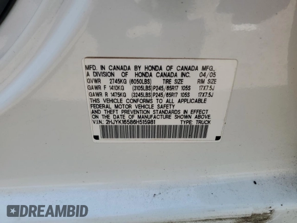 2006 Honda Ridgeline RTL with VIN 2HJYK16586H515981, listed as a Copart auction lot 63221305 with 137,763 mi miles and Clean title. Bid and sale history available at DreamBid. Image 12.
