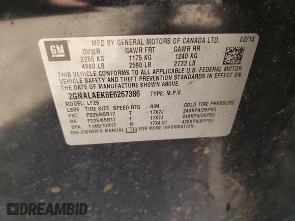 2014 Chevrolet Equinox LS with VIN 2GNALAEK8E6267386, listed as a Copart auction lot 50578825 with 182,900 mi miles and Salvage Title. Bid and sale history available at carsss.com. Image 13.