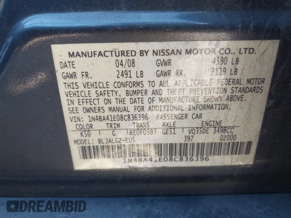 2008 Nissan Maxima 3.5 SL with VIN 1N4BA41E08C836396, listed as a IAAI auction lot 41729409 with 223,106 mi miles. Bid and sale history available at carsss.com. Image 9.