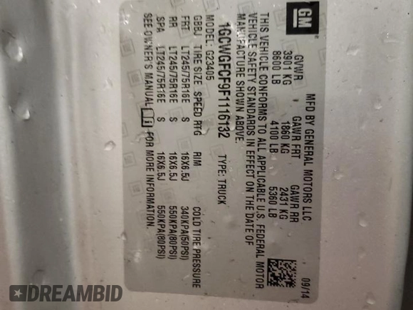2015 Chevrolet Express Cargo with VIN 1GCWGFCF9F1116132, listed as a Copart auction lot 50924125 with 147,150 mi miles and Salvage title. Bid and sale history available at DreamBid. Image 13.