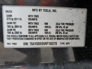 2024 Tesla Model Y with VIN 7SAYGDED5RF105278, listed as a Copart auction lot 44376125 with 12,693 mi miles and Salvage Title. Bid and sale history available at DreamBid. Image 13.
