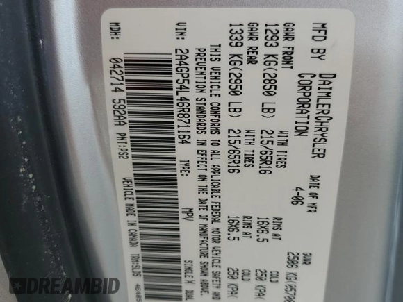 2006 Chrysler Town & Country Touring z VIN 2A4GP54L46R871164, wystawiony jako Copart lot #54726995 z przebiegiem 200 086 mil mil oraz Szkoda całkowita • Salvage title. Historia ofert i sprzedaży dostępna na DreamBid. Obrazek 13.