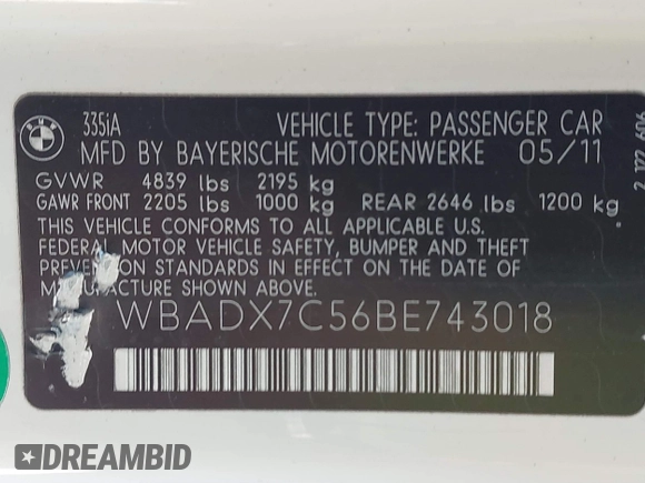 2011 BMW 3 Series 335i with VIN WBADX7C56BE743018, listed as a IAAI auction lot 41643116 with Not Provided miles and . Bid and sale history available at DreamBid. Image 9.