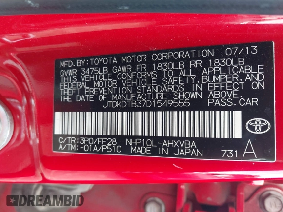 2013 Toyota Prius One with VIN JTDKDTB37D1549555, listed as a IAAI auction lot 42112384 with 238,754 mi miles and . Bid and sale history available at DreamBid. Image 9.