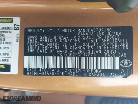 2009 Toyota Matrix z VIN 2T1KU40E29C012878, wystawiony jako IAAI lot #42177978 z przebiegiem 119 897 mil mil oraz . Historia ofert i sprzedaży dostępna na DreamBid. Obrazek 9.