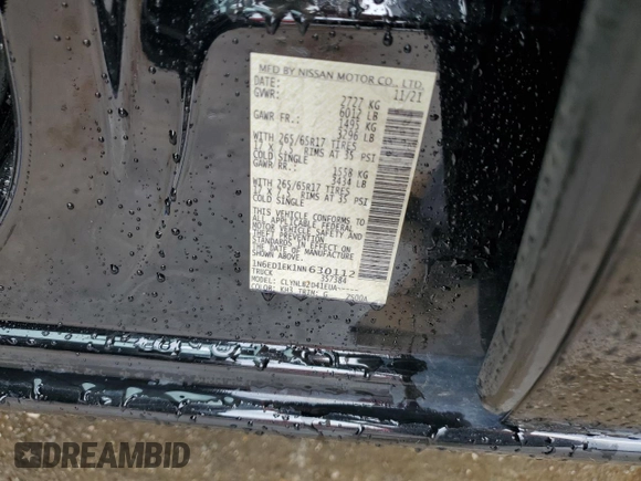 2022 Nissan Frontier Pro-4X with VIN 1N6ED1EK1NN630112, listed as a Copart auction lot 55055945 with 36,153 mi miles and Salvage title. Bid and sale history available at DreamBid. Image 12.