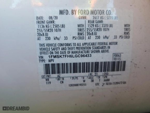 2020 Ford Explorer Limited with VIN 1FMSK7FH6LGC96433, listed as a Copart auction lot 45221525 with 27,020 mi miles and Salvage Title. Bid and sale history available at carsss.com. Image 13.