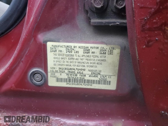 2004 Nissan Sentra S z VIN 3N1CB51D04L914542, wystawiony jako Copart lot #55175215 z przebiegiem 134 122 mil mil oraz Szkoda całkowita • Salvage title. Historia ofert i sprzedaży dostępna na DreamBid. Obrazek 12.
