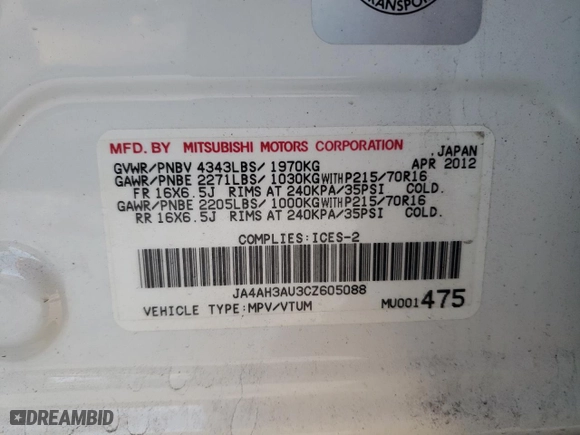 2012 Mitsubishi RVR ES with VIN JA4AH3AU3CZ605088, listed as a Copart auction lot 88133335 with 305,219 mi miles and Clean Title. Bid and sale history available at carsss.com. Image 13.