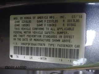 2010 Honda Accord LX with VIN 1HGCP2F30AA175979, listed as a IAAI auction lot 42440439 with 272,090 mi miles and . Bid and sale history available at DreamBid. Image 9.