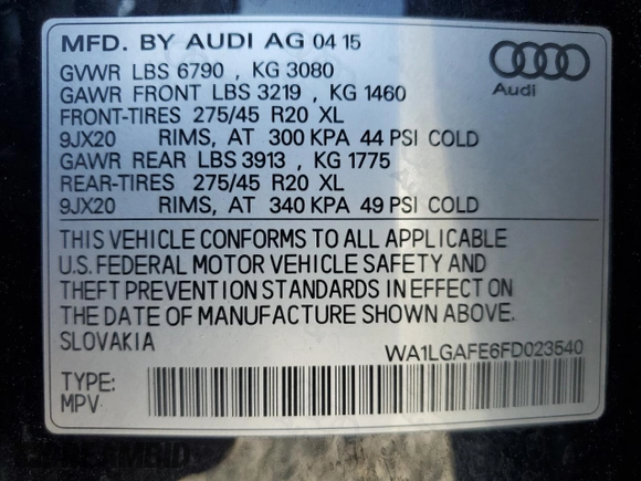 2015 Audi Q7 Premium Plus z VIN WA1LGAFE6FD023540, wystawiony jako Copart lot #57227145 z przebiegiem 124 203 mil mil oraz Szkoda całkowita • Salvage title. Historia ofert i sprzedaży dostępna na DreamBid. Obrazek 14.