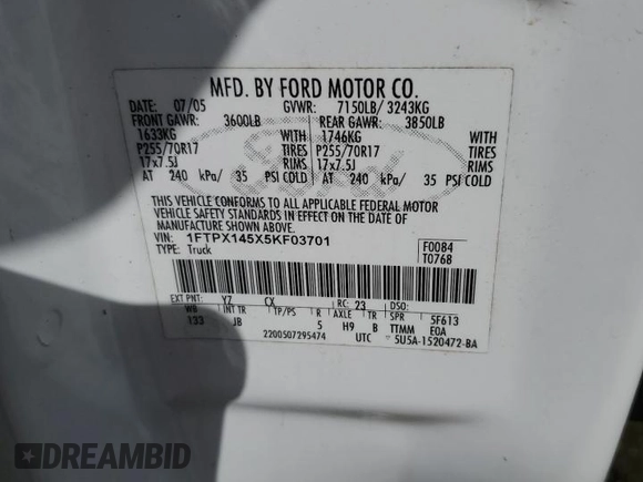 2005 Ford F-150 XLT with VIN 1FTPX145X5KF03701, listed as a Copart auction lot 48892925 with 92,463 mi miles and Salvage Title. Bid and sale history available at carsss.com. Image 13.