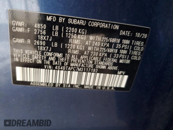 2021 Subaru Outback Touring with VIN 4S4BTAPC7M3117192, listed as a Copart auction lot 58493835 with 55,541 mi miles and Non repairable. Bid and sale history available at DreamBid. Image 12.