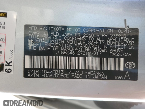 2007 Toyota Camry CE with VIN JTNBE46K273127217, listed as a Copart auction lot 47258345 with 164,024 mi miles and Salvage Title. Bid and sale history available at carsss.com. Image 12.