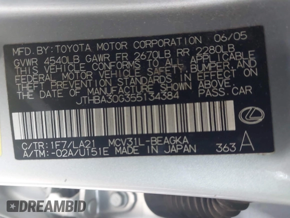 2005 Lexus ES 330 with VIN JTHBA30G355134384, listed as a IAAI auction lot 41895656 with 162,995 mi miles. Bid and sale history available at carsss.com. Image 9.
