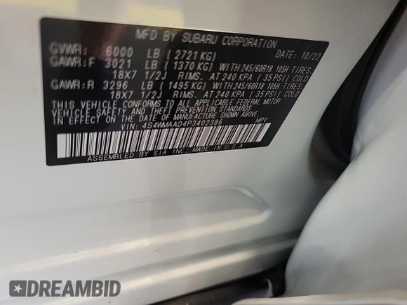 2023 Subaru Ascent Premium with VIN 4S4WMAAD4P3402386, listed as a IAAI auction lot 42785380 with 22,771 mi miles and . Bid and sale history available at DreamBid. Image 20.