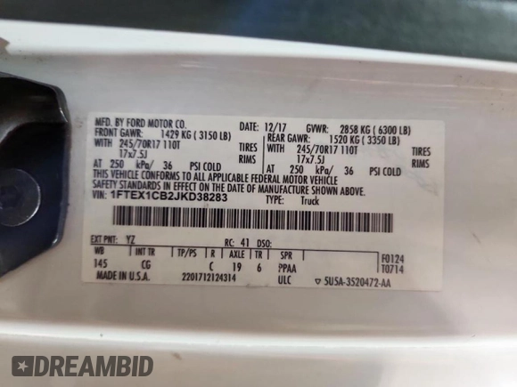 2018 Ford F-150 XL with VIN 1FTEX1CB2JKD38283, listed as a Copart auction lot 61363305 with 167,038 mi miles and Clean title. Bid and sale history available at DreamBid. Image 12.