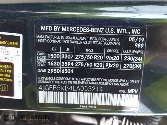 2020 Mercedes-Benz GLE 450 with VIN 4JGFB5KB4LA053214, listed as a IAAI auction lot 42111336 with 58,208 mi miles and . Bid and sale history available at DreamBid. Image 9.