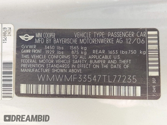 2007 MINI Hardtop with VIN WMWMF33547TL77235, listed as a IAAI auction lot 42547245 with 144,179 mi miles and . Bid and sale history available at DreamBid. Image 9.