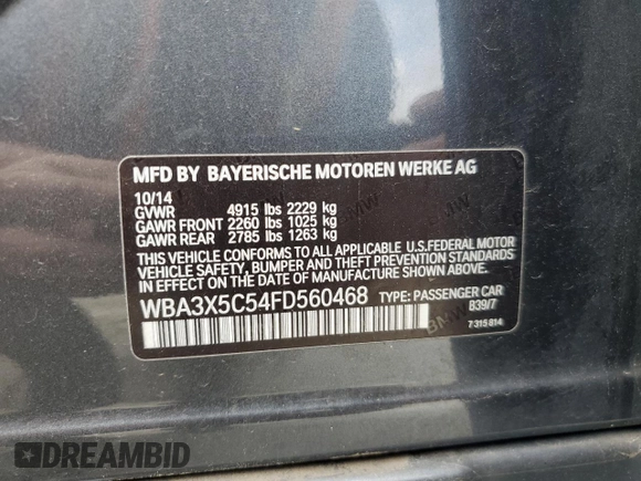 2015 BMW 3 Series 328i Gran Turismo xDrive with VIN WBA3X5C54FD560468, listed as a Copart auction lot 54310135 with 96,522 mi miles and Salvage title. Bid and sale history available at DreamBid. Image 12.