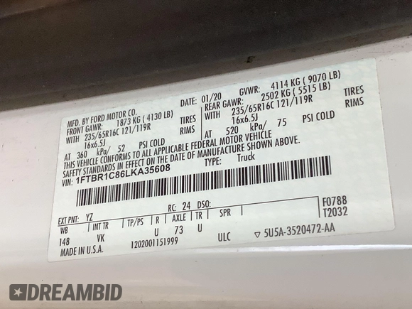 2020 Ford Transit Cargo with VIN 1FTBR1C86LKA35608, listed as a IAAI auction lot 42143110 with 91,327 mi miles. Bid and sale history available at carsss.com. Image 1.