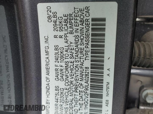 2020 Honda Accord Touring with VIN 1HGCV2F90LA028218, listed as a Copart auction lot 54593945 with 109,080 mi miles and Salvage title. Bid and sale history available at DreamBid. Image 12.